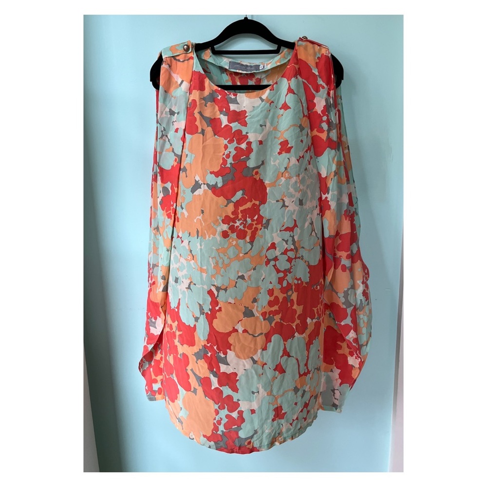 Anthropologie Hunter Dixon 100% Silk Coral Teal Tunic Dress Medium